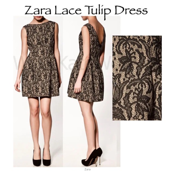 ZARA Kate Middleton Black Lace Tulip Fit & Flare Dress Size S - Picture 3 of 14